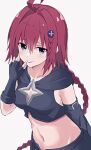  1girl \\// ahoge as_buppa black_gloves black_shirt blue_eyes blush braid breasts cleavage cleavage_cutout clothing_cutout collarbone commentary crop_top detached_sleeves gloves grey_background hair_intakes hair_ornament hairclip hand_on_own_face highres hood hooded_shirt kurosaki_mea looking_at_viewer medium_breasts midriff navel partially_fingerless_gloves purple_hair shirt short_hair_with_long_locks side_braid silver_trim simple_background single_detached_sleeve solo star_cutout to_love-ru to_love-ru_darkness tongue tongue_out upper_body 