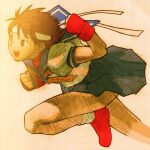  1girl :d arm_up bengus blue_sailor_collar brown_eyes brown_hair capcom clenched_hands facing_to_the_side fighting_stance fingerless_gloves game_cg gloves headband highres kasugano_sakura leg_up marvel marvel_vs._capcom marvel_vs._capcom_2 non-web_source official_art red_undershirt sailor_collar sailor_crest scan school_uniform serafuku shoes short_hair sidelighting simple_background skirt smile solo street_fighter undershirt white_headband 