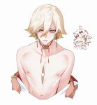  2boys absurdres ahoge asura_(onmyoji) bishounen chibi choker earrings eyeliner green_eyes heart heart_ahoge highres jewelry konsai_2 light_blush looking_at_viewer makeup male_focus multiple_boys nipples onmyoji pov pov_hands red_eyeliner short_hair simple_background skinny solo_focus taishakuten_(onmyoji) undressing_another upper_body white_background white_hair 