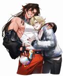  2boys absurdres asura_(onmyoji) bishounen black_gloves black_hair black_jacket black_nails blonde_hair braid bridge_piercing commentary_request cropped_legs earrings eyeliner face_piercing fingerless_gloves full_body gloves green_eyes height_difference highres hug jacket jewelry konsai_2 long_hair long_sleeves looking_at_viewer makeup male_focus multicolored_hair multiple_boys muscular muscular_male nail_polish necklace no_facial_mark no_tattoo onmyoji piercing red_eyeliner red_hair short_hair simple_background smile streaked_hair taishakuten_(onmyoji) tank_top teeth two-tone_hair unworn_jacket upper_body upper_teeth_only white_background white_tank_top yaoi 
