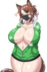  1girl absurdres alternate_breast_size arms_behind_back blush bottomless breasts brown_hair clover_hair_ornament cowboy_shot fine_motion_(umamusume) green_jacket hair_bun hair_ornament highres horse_girl horse_tail huge_breasts huruse jacket looking_at_viewer mask mouth_mask multicolored_hair navel no_bra short_hair simple_background single_hair_bun solo tail two-tone_hair umamusume white_background white_hair yellow_eyes zipper 