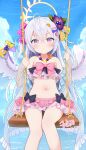  1girl angel_wings azusa_(blue_archive) azusa_(swimsuit)_(blue_archive) bikini bikini_skirt blue_archive blue_sky bow_on_wing cloud crescent_halo feathered_wings flower food-themed_hair_ornament food_print frilled_bikini frills fruit_print hair_between_eyes hair_flower hair_ornament halo highres long_hair looking_at_viewer make-up_work_club_(blue_archive) official_alternate_costume orange_hair_ornament orange_print ribbon-trimmed_bikini ribbon-trimmed_swimsuit ribbon_trim sitting sky solo strapless strapless_bikini swimsuit watermelon_hair_ornament white_hair white_wings winged_halo wings yellow_halo zcx 