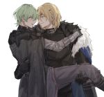  2boys armor black_armor black_boots black_cape black_fur black_gloves black_gorget black_pants blonde_hair blue_cape blue_eyes boots breastplate cape carrying closed_mouth commentary_request dimitri_alexandre_blaiddyd dimitri_alexandre_blaiddyd_(timeskip) eye_contact eyepatch feet_out_of_frame fire_emblem fire_emblem:_three_houses fur-trimmed_cape fur_trim gloves gorget green_eyes green_hair hair_behind_ear highres looking_at_another male_byleth_(enlightened)_(fire_emblem) male_byleth_(fire_emblem) male_focus medium_hair moshi_mo multiple_boys pants parted_bangs princess_carry simple_background smile standing white_background white_fur yaoi 