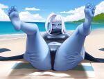  1girl absurdres ahoge anus anus_peek ass barefoot beach bikini black_bikini black_scarf black_sclera blue_skin blue_sky breasts cameltoe cloud colored_sclera colored_skin commentary english_commentary feet full_body highres horizon huge_ahoge kairunoburogu lala_(monster_musume) large_breasts long_hair lying monster_girl monster_musume_no_iru_nichijou ocean on_back outdoors scarf sky soles solo spread_legs swimsuit thighs toes white_hair yellow_eyes 