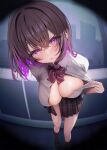  1girl absurdres black_coat black_shoes black_skirt black_thighhighs bow bowtie breasts brown_hair clothes_pull coat collared_shirt colored_inner_hair commentary_request highres indie_virtual_youtuber large_breasts multicolored_hair namagome_negi parted_lips partially_unbuttoned pov_peephole purple_bow purple_bowtie purple_eyes purple_hair rukawa-chan_(namagome_negi) school_uniform shirt shirt_pull shoes short_hair skirt solo sweatdrop thighhighs virtual_youtuber white_shirt 