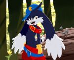 anthro bandai_namco bangs barely_visible_genitalia barely_visible_penis belly belt black_eyes blue_belt blue_body blue_fur bottomwear cheek_tuft clothing collar domestic_cat ear_tuft eyebrows facial_tuft felid feline felis flower fluffy fluffy_ears fluffy_tail forest forest_background fungus fur genitals gloves handwear hat headgear headwear hi_res hybrid jojo_hernandez klonoa klonoa_(series) lagomorph leporid light light_beam log long_ears looking_at_viewer male mammal multicolored_body multicolored_fur mushroom nature nature_background pac-man_(series) penis plant pulling_pants_down rabbit red_bottomwear red_clothing red_shorts sharp_teeth short_tail shorts solo sunbeam sunlight tail teeth tongue tongue_out tree tuft two_tone_body two_tone_fur white_body white_fur wood yellow_clothing yellow_gloves yellow_handwear