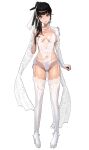  1girl absurdres asymmetrical_clothes bare_shoulders black_hair blunt_bangs blush breasts closed_mouth covered_navel eve_(stellar_blade) full_body highleg highleg_leotard highres lace lace-trimmed_legwear lace_trim large_breasts leotard lingerie long_hair long_sleeves looking_at_viewer navel ponytail red_eyes sb_(dlwnsrl1783) see-through_clothes simple_background skin_tight smile solo standing stellar_blade thighhighs underwear very_long_hair white_background white_leotard 