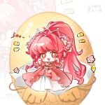  1girl absurdly_long_hair bare_arms blush_stickers brooch chibi chinese_commentary chinese_text colored_eyepatch commentary_request dress egg eyelashes eyepatch flower food-themed_creature frilled_dress frills gown hair_flower hair_ornament hands_on_own_cheeks hands_on_own_face happy high_ponytail highres infinity_nikki jewelry layered_dress long_dress long_hair nikki_(nikki) nikki_(series) notice_lines open_mouth outline pink_dress pink_flower pink_hair ponytail short_sleeves sidelocks smile star_brooch tareme tiara translation_request very_long_hair white_background white_dress white_flower white_outline yiliwa 