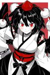  1girl black_bow black_hair bollzzalguy bow breasts closed_mouth hand_on_own_hip hat highres japanese_clothes kimono kourindou_tengu_costume looking_at_viewer medium_breasts medium_hair obi obiage red_eyes ribbon-trimmed_sleeves ribbon_trim sash shameimaru_aya smile solo tokin_hat touhou white_kimono 