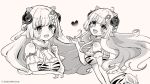  1girl :d animal_ears animal_print bare_shoulders blush breasts brown_background cropped_torso hair_ornament hand_up heart highres hololive horns index_finger_raised lightning_bolt_hair_ornament lightning_bolt_symbol long_hair medium_breasts monochrome official_art rino_cnc sheep_ears sheep_girl sheep_horns simple_background smile tiger_print tsunomaki_watame upper_body very_long_hair virtual_youtuber 