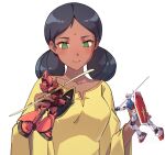  1girl dark-skinned_female dark_skin green_eyes gundam gunpla himeyamato lalah_sune mobile_suit_gundam model_kit rx-78-2_gundam smile solo toy upper_body white_background wide_sleeves zaku_ii_s_char_custom 