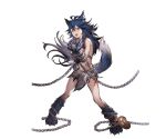  1girl animal_ear_fluff animal_ears blue_hair chain chained chained_wrists fang fenrir_(shingeki_no_bahamut) granblue_fantasy hair_between_eyes leg_tattoo long_hair official_art red_eyes restrained solo tail tattoo teeth upper_teeth_only wolf_ears wolf_girl wolf_tail 