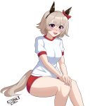  1girl animal_ears artist_logo artist_name black_hairband blush bow breasts buruma commentary_request curren_chan_(umamusume) ear_bow ear_covers grey_hair gym_uniform hair_between_eyes hairband hands_on_own_knee highres horse_ears horse_girl horse_tail julian_belkan logo medium_breasts open_mouth puffy_short_sleeves puffy_sleeves purple_eyes red_bow red_buruma shirt short_hair short_sleeves simple_background sitting smile solo tail teeth umamusume upper_teeth_only white_background white_shirt 