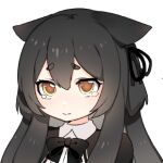  1girl animal_ears bad_link black_bow black_bowtie black_hair bow bowtie cat_ears closed_mouth crying hair_between_eyes little_witch_nobeta lowres official_art phyllis_(cat)_(little_witch_nobeta) phyllis_(little_witch_nobeta) portrait simple_background solo tears yellow_eyes 