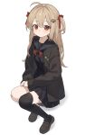  1girl ahoge asymmetrical_legwear badge bandaid bandaid_on_knee bandaid_on_leg black_cardigan black_sailor_collar black_serafuku black_shoes black_skirt black_thighhighs blush bow bowtie broken_heart broken_heart_hair_ornament brown_hair button_badge cardigan commission english_commentary evil_neuro-sama full_body hair_between_eyes hair_ribbon heart highres karyln loafers long_hair looking_at_viewer own_hands_together pleated_skirt red_bow red_bowtie red_eyes red_ribbon ribbon sailor_collar school_uniform second-party_source serafuku shoes simple_background single_thighhigh sitting skirt sleeves_past_wrists thighhighs two_side_up uneven_legwear vedal_ai virtual_youtuber white_background 