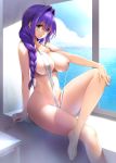  1girl areola_slip areolae bangs blue_eyes braid breasts cleavage cloud collarbone covered_nipples crossed_legs eyebrows_visible_through_hair hair_between_eyes hair_intakes hair_over_shoulder highres horizon kanon large_breasts legs lips long_hair looking_at_viewer mature minase_akiko mitarashi_kousei navel ocean purple_hair shiny shiny_hair sideboob signature single_braid sitting sky slingshot_swimsuit smile solo strap_gap swimsuit water white_swimsuit window windowsill 