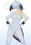  ... 1girl :/ bird_girl bird_tail bird_wings black_hair blonde_hair bodystocking bodystocking_only breasts cameltoe closed_mouth covered_navel covered_nipples feet_out_of_frame fingerless_gloves gloves gradient_background grey_bodystocking grey_hair hair_between_eyes hair_over_shoulder head_wings highres illu_(illu_stratos) kemono_friends large_breasts legs_apart long_sleeves looking_down multicolored_hair shoebill_(kemono_friends) side_ponytail solo spoken_ellipsis standing tail wings yellow_eyes 