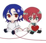  1boy 1girl amate_yuzuriha aqua_eyes blue_hair blush chibi chibi_only collared_shirt colored_inner_hair gundam gundam_gquuuuuux heart jyujyunashi long_sleeves looking_at_viewer lower_eyelashes_only multicolored_hair necktie purple_hair red_eyes red_hair school_uniform shirt short_hair shuji_ito simple_background sitting skirt smile string string_of_fate sweater two-tone_hair white_background white_shirt 