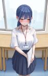 1girl blue_eyes blue_hair blue_skirt blush breasts collarbone highres holding id_card inoue_iori lanyard long_hair medium_breasts office office_lady open_mouth original paper pleated_skirt ponytail shirt short_sleeves skirt solo standing white_shirt yellow_eyes yukimaru_ai 