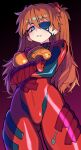  1girl absurdres arms_under_breasts ass_visible_through_thighs blue_eyes bodysuit breasts bright_pupils brown_hair clenched_teeth cowboy_shot crossed_arms earrings evangelion:_3.0_you_can_(not)_redo eyepatch from_below gradient_background hair_between_eyes hairpods highres interface_headset_(evangelion) jewelry large_breasts light_blush long_hair looking_at_viewer looking_down mecha_pilot_suit neon_genesis_evangelion plugsuit_(evangelion) rebuild_of_evangelion red_bodysuit skin_tight slammo solo souryuu_asuka_langley standing stud_earrings teeth v-shaped_eyebrows very_long_hair white_pupils 