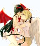  2girls angel_and_devil angel_wings astra_yao black_hair blonde_hair bow bowtie brown_shorts closed_eyes closed_mouth collared_shirt commentary demon_tail demon_wings english_commentary evelyn_chevalier feathered_wings hair_bun halo hand_on_another&#039;s_waist highres leg_between_thighs long_hair multiple_girls parted_lips purple_eyes red_bow red_bowtie shirt short_sleeves shorts simple_background smile tail white_background white_shirt wings yuri zahauku zenless_zone_zero 