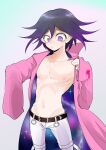  1boy aqua_background bare_pectorals belt belt_buckle black_hair bleeding blood brown_belt buckle cape closed_mouth coat collarbone collared_coat colored_tips cowboy_shot danganronpa_(series) danganronpa_v3:_killing_harmony gradient_background highres injury lapels long_sleeves male_focus multicolored_hair navel nervous_smile nipples notched_lapels oma_kokichi open_belt oversized_clothes pants pectorals pink_background pink_blood pink_coat purple_eyes purple_hair ribs shachoo_(poco_poco) short_hair skinny sleeves_past_fingers sleeves_past_wrists smile solo space_print spoilers standing starry_sky_print stomach thigh_belt thigh_strap two-sided_cape two-sided_fabric two-tone_hair white_belt white_pants 