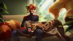  16:9 ailurid anthro anus balls bodily_fluids butt duo erection eyes_closed fellatio fluffy fluffy_tail fur furniture genitals hair hi_res knot male male/male mammal nude omesore on_sofa open_mouth oral pawpads paws penile penis red_body red_fur red_panda sex short_hair sitting sofa stripes tail teeth widescreen 