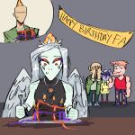 1:1 absurd_res amber_(gem) amber_(material) amber_eyes annoyed anon_(snoot_game) anthro bald banner biped birthday birthday_cake black_clothing black_topwear blue_body blue_scales bottomwear cake candle cavemanon_studios ceratopsian clothed clothed_anthro clothed_female clothed_human clothed_male clothing colored cutaway cutlery dessert dinosaur dromaeosaurid embarrassed eyes_mostly_closed facial_horn fang_(gvh) feathered_wings feathers female female_focus fingers fire fist food fork front_view furniture garylthebinecorn goodbye_volcano_high green_clothing green_jacket green_shirt green_topwear grey_background grey_body grey_bottomwear grey_clothing grey_feathers grey_hair grey_pants group hair hat headgear headwear hi_res horn human humanoid_hands jacket jewelry kitchen_utensils long_hair looking_aside looking_at_another male mammal muscular muscular_anthro muscular_male narrowed_eyes necklace open_clothing open_jacket open_topwear ornithischian pants party_hat pink_body pink_hair pink_scales prehistoric_species pterodactylus pterosaur purple_body purple_hair purple_scales red_clothing red_shirt red_tank_top red_topwear reed_(gvh) reptile scales scalie shirt short_hair simple_background sitting smug snoot_game solo_focus standing table tank_top theropod tools topwear torn_bottomwear torn_clothing torn_pants triceratops trish_(gvh) velociraptor wings