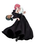  2girls amate_yuzuriha aqua_eyes bindi black_dress black_hair collared_dress dancing dark-skinned_female dark_skin dress full_body gundam gundam_gquuuuuux hair_bun highres holding_hands juliet_sleeves lalah_sune long_sleeves multiple_girls open_mouth puffy_sleeves red_hair shi101yao shirt shoes short_hair short_sleeves simple_background smile white_background white_shirt 
