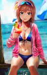  1girl absurdres bikini blue_bikini blue_eyes blue_sky breasts cherry cleavage cocktail_umbrella crazy_straw cup day drinking drinking_straw drinking_straw_in_mouth eyewear_on_head flower food front-tie_bikini_top front-tie_top fruit grace16 hair_bun hair_flower hair_ornament heart_straw highres holding holding_cup jacket jewelry knees large_breasts long_sleeves looking_at_viewer medium_hair navel necklace ocean open_clothes open_jacket outdoors pink_jacket side-tie_bikini_bottom single_hair_bun sitting sky smile solo stomach sunglasses swimsuit thighs variant_set yahari_ore_no_seishun_lovecome_wa_machigatteiru. yuigahama_yui 