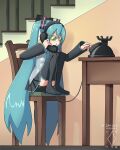  1girl antique_phone aqua_hair aqua_necktie artist_logo artist_name black_boots black_skirt black_sleeves boots commentary corded_phone detached_sleeves digiral dress english_commentary grey_shirt hair_ornament hatsune_miku highres holding holding_phone indoors knees_up logo long_hair necktie on_chair parody phone pleated_dress pout rotary_phone scene_reference shirt sitting skirt sleeveless sleeveless_shirt solo stairs sunglasses table thigh_boots tom_and_jerry twintails twitter_username v-shaped_eyebrows very_long_hair vocaloid 