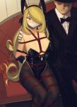  1boy 1girl absurdres bdsm black_leotard blonde_hair bondage bound breasts cad_(caddo) commission couch cynthia_(pokemon) gag hair_over_one_eye highres leotard long_hair on_couch playboy_bunny pokemon pokemon_(creature) restrained second-party_source shibari sitting strapless strapless_leotard 