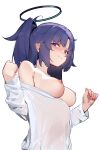  1girl armpit_crease black_halo blue_archive blue_hair blush breasts clenched_hands ear_blush furrowed_brow halo highres looking_at_viewer mechanical_halo medium_breasts nipples off-shoulder_shirt off_shoulder painterliuhao see-through_clothes see-through_shirt shirt solo two_side_up upper_body white_shirt yuuka_(blue_archive) 