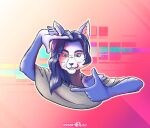 2022 5_fingers anthro blue_body blue_eyes blue_fur blue_hair canid canine digital_media_(artwork) eyewear female fingers fox fur gerovort glasses hair half-length_portrait krystal_(star_fox) long_hair mammal nintendo portrait pose signature smile solo star_fox teeth