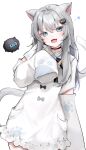  1girl :d animal_ear_fluff animal_ears black_bow black_choker blue_eyes bow cat_ears cat_girl cat_tail choker collared_dress commentary_request dress fang grey_bow grey_hair hair_between_eyes hair_ornament head_tilt heart indie_virtual_youtuber long_hair long_sleeves looking_at_viewer nachoneko nakony simple_background sleeves_past_fingers sleeves_past_wrists smile solo tail virtual_youtuber white_background white_dress 