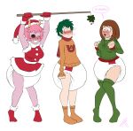 abdl absurd_res ashido_mina big_breasts big_diaper black_sclera bottomwear breasts brown_eyes brown_hair christmas christmas_clothing christmas_headwear clothed clothing diaper diaper_fetish embarrassed female footwear green_eyes green_hair group hair hat headgear headwear hi_res holidays horn human humanoid humiliation izuku_midoriya legwear liljdude looking_at_viewer male mammal mistletoe my_hero_academia ochaco_uraraka one_eye_closed open_mouth pink_body pink_hair plant pole santa_hat smile solo speech_bubble standing stockings string sweater teasing text topwear trio wearing_diaper wink yellow_eyes