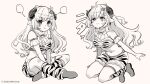  1girl :&gt; :t animal_ears animal_print bare_shoulders blush breasts brown_background closed_mouth fur-trimmed_shorts fur_trim hair_ornament highres hololive horns lightning_bolt_hair_ornament lightning_bolt_symbol loose_socks medium_breasts monochrome navel official_art pout print_shorts print_socks rino_cnc sheep_ears sheep_girl sheep_horns shoes short_shorts shorts simple_background socks tiger_print tsunomaki_watame virtual_youtuber wavy_mouth 