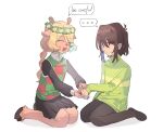  ... 1girl 1other absurdres black_skirt blonde_hair braid brown_hair checkered_clothes checkered_vest closed_eyes closed_mouth commentary deer_girl deltarune english_commentary english_text flower furry furry_female green_sweater green_vest hair_over_one_eye head_wreath highres hooves jewelry kneeling kris_(deltarune) long_sleeves lv_chan_cat medium_hair noelle_holiday open_mouth red_eyes ring sitting skirt spoken_ellipsis striped_clothes striped_sweater sweater turtleneck turtleneck_sweater vest white_background yellow_flower 