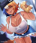  1girl against_glass armpit_crease artist_name bare_shoulders beanie black_choker black_hat blue_hair blue_shorts breast_press breasts breasts_on_glass bright_pupils choker cleavage collarbone commentary crop_top dutch_angle ear_piercing english_commentary fangs fur-trimmed_shorts fur_trim hands_up hat holding holding_sponge jiansketch large_breasts looking_at_viewer multicolored_hair orange_eyes orange_hair original parted_lips piercing short_hair short_shorts shorts smile soap_bubbles solo sponge tank_top white_hair white_pupils white_tank_top yellow_sponge 