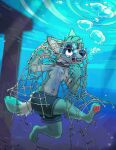 air_bubble anthro asphyxiation biped black_collar blue_eyes blue_nose bottomwear buckled_collar canid canine canis clothing colbycat collar cyanosis dipstick_tail domestic_dog drowning fur hi_res imminent_death male mammal markings net open_mouth pawpads peril pink_pawpads pink_tongue shirtless_anthro shirtless_male shorts snuff solo stuck tail tail_markings teal_body teal_ears teal_fur teal_tail_tip tongue trapped_in_net underwater underwater_view water white_body white_chest white_fur white_inner_ear white_palms white_tail