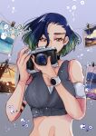  1girl armband artist_name bare_shoulders black_armband black_choker blue_hair bob_cut breasts brown_eyes camera choker collarbone crop_top floating_hair gradient_hair grey_shirt highres holding holding_camera loose_hair_strand medium_breasts midriff mochimo3632 multicolored_hair off-shoulder_shirt off_shoulder perrin_(pokemon) photographer picture_frame pokemon pokemon_sv ribbed_shirt shirt short_hair sleeveless sleeveless_shirt undershirt upper_body v-neck watch white_nails wristwatch 