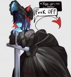  1other absurdres alternate_costume black_bonnet black_dress blue_hair blue_skin bonnet censored_profanity chinese_commentary colored_inner_hair colored_skin commentary_request cross deltarune dress english_text fake_horns gown hair_over_one_eye head_on_hands highres horns interlocked_fingers kris_(deltarune) long_sleeves lv_chan_cat multicolored_hair partial_commentary red_eyes red_hair red_horns tail two-tone_hair 