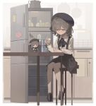  1girl absurdres ar2a beret black_bow black_bowtie black_hat black_shoes black_skirt border bow bowtie brown_eyes brown_hair can chair chibi closed_mouth collared_shirt cup expressionless hat hatoba_tsugu highres holding holding_cup indoors kitchen loafers long_sleeves on_chair one_side_up pantyhose refrigerator shirt shoes short_hair simple_background sitting skirt solo squeans suspender_skirt suspenders table tsugu_(vtuber) virtual_youtuber white_background white_border white_pantyhose white_shirt 
