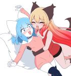  2girls :3 :d ^_^ animal_ear_fluff animal_ears arm_up bare_arms bare_shoulders black_choker black_ears black_shorts black_tail black_thighhighs blonde_hair blue_eyes blue_hair blush bob_cut breasts brown_fur choker cleavage closed_eyes collarbone commentary cowboy_shot crossed_ankles dot_nose english_commentary fang furrowed_brow furry furry_female glomp gradient_hair hair_between_eyes highres holding holding_another&#039;s_waist hug indie_virtual_youtuber large_breasts leg_up legs_apart long_hair long_sleeves looking_at_viewer luna_(wolfychu) medium_breasts multicolored_hair multiple_girls nose_blush off-shoulder_shirt off_shoulder open_mouth original pink_shirt red_hair red_tank_top shirt short_hair short_shorts shorts simple_background single_off_shoulder skin_fang smile standing surprised tail tan tank_top thighhighs two-tone_hair v-shaped_eyebrows virtual_youtuber wavy_mouth white_background white_fur wolf_ears wolf_girl wolf_tail wolfychu wolfychu_(artist) 