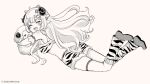  &gt;_&lt; 1girl :d ^_^ animal animal_ears animal_hug animal_print bare_shoulders blush brown_background closed_eyes full_body fur-trimmed_shorts fur_trim hair_ornament highres hololive horns lightning_bolt_hair_ornament lightning_bolt_symbol loose_socks monochrome official_art print_shorts print_socks rino_cnc sheep sheep_ears sheep_girl sheep_horns shoes short_shorts shorts simple_background smile socks tiger_print tsunomaki_watame virtual_youtuber xd 