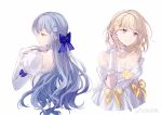  2girls absurdres bang_dream! bang_dream!_it&#039;s_mygo!!!!! blonde_hair blue_hair breasts chinese_commentary choker cleavage closed_mouth collarbone commentary_request dress flower frilled_choker frills hair_flower hair_ornament highres large_breasts long_hair medium_hair misumi_uika multiple_girls muonrei00 off-shoulder_dress off_shoulder puffy_sleeves purple_eyes sidelocks simple_background togawa_sakiko white_background white_choker white_dress yellow_eyes 