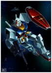  arm_shield artist_logo artist_name beam_rifle border commentary earth_federation energy_gun exhaust flying gun gundam highres holding holding_gun holding_weapon logo mecha mecha_focus mobile_suit mobile_suit_gundam no_humans robot rx-78-2_gundam samhoshi7 science_fiction solo space spacecraft star_(sky) v-fin weapon white_base white_border yellow_eyes 