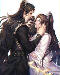  3boys absurdres black_cape black_hair black_hanfu black_pants black_sash blood blood_on_clothes blood_on_face blood_on_hands blue_eyes brown_hair cape chain chinese_clothes chromatic_aberration chu_wanning clenched_teeth cowboy_shot dual_persona erha_he_tadebai_mao_shizun glowing glowing_weapon hair_bun half_updo hand_on_another&#039;s_head hanfu head_on_another&#039;s_shoulder high_ponytail highres korean_commentary long_hair long_sleeves looking_at_another looking_up male_focus mo_ran multiple_boys pants ponytail purple_eyes sash taxian-jun teeth weapon whip white_background white_hanfu white_sash wide_sleeves wiping_blood xiao_guan_(headdress) zehel_az 