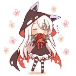  1girl azur_lane bangs black_bow black_cape black_skirt blush bouquet bow cape chibi closed_eyes commentary_request erebus_(azur_lane) eyebrows_visible_through_hair flower full_body hair_between_eyes heart holding holding_bouquet hood hood_up hooded_cape long_hair multicolored multicolored_cape multicolored_clothes no_shoes pantyhose red_bow red_cape red_flower red_rose rose sakurato_ototo_shizuku shadow skirt solo standing standing_on_one_leg striped striped_legwear torn_cape torn_clothes translation_request very_long_hair white_background white_hair 