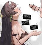  1boy 1girl astra_yao bar_censor black_bra black_hair bra breasts censored commentary cum cum_on_body cum_on_breasts earrings english_text erection eroborne facial from_side hairband hetero highres hime_cut hypnosis jewelry large_breasts large_penis long_hair looking_at_penis mind_control mole mole_under_eye penis penis_awe red_eyes speech_bubble underwear white_hairband zenless_zone_zero 